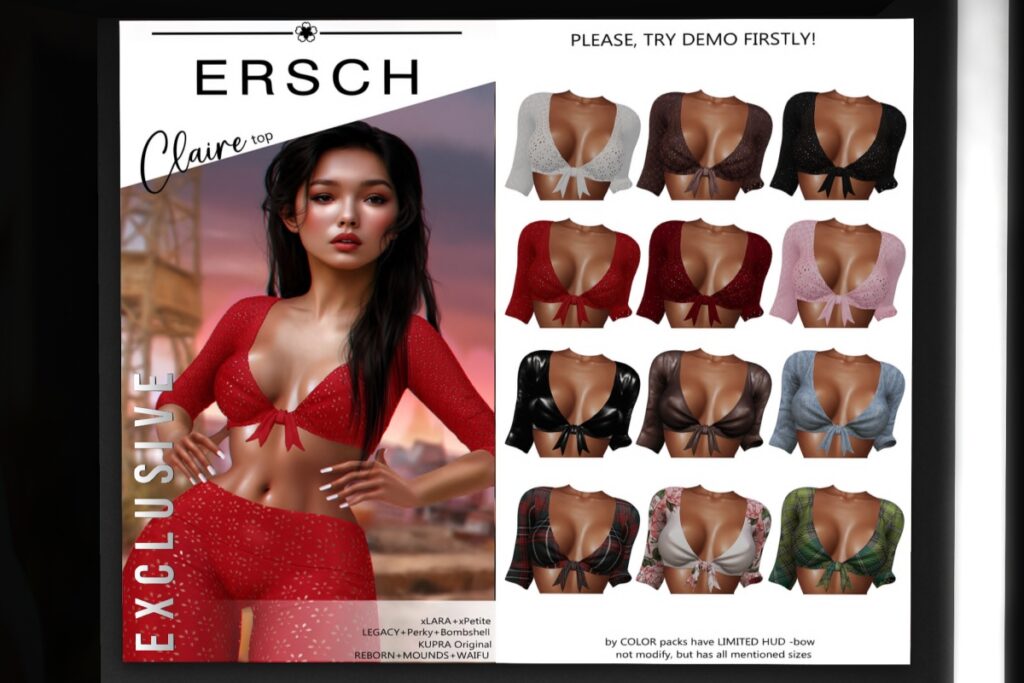 Claire Top - Inithium/Legacy/MaitreyaX/Reborn/+mods, L$199 each/L$999 FP