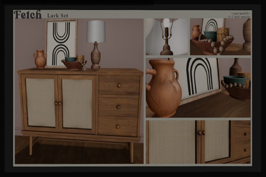 Lark Decor Set	&lt;a href=&quot;http://maps.secondlife.com/secondlife/Fetch/118/100/2501&quot; target=&quot;_blank&quot;&gt;Teleport&lt;/a&gt;