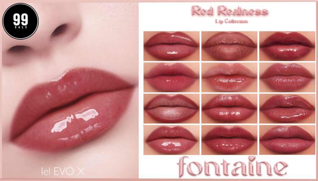 Red Realness Lipsticks - EvoX	<a href="https://maps.secondlife.com/secondlife/VELOUR/66/140/83" target="_blank">Teleport</a>