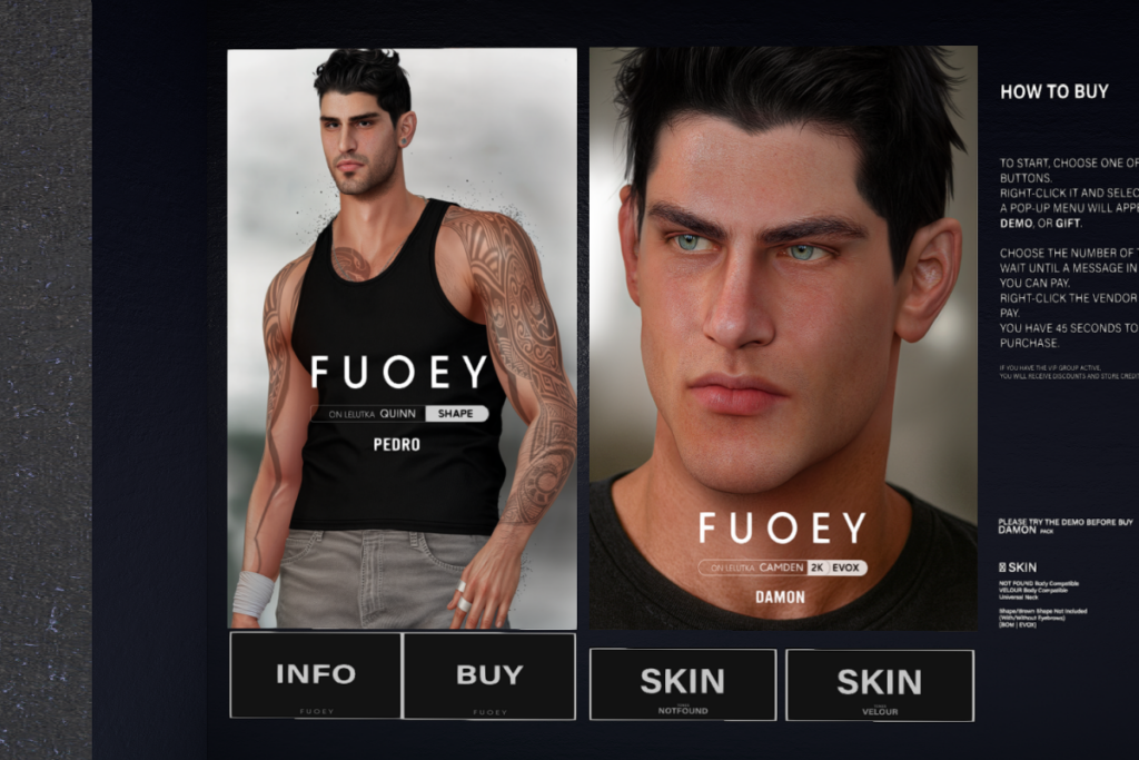Damon Skin - EvoX, L$900 each/L$10000 FP | Pedro Shape - Lelutka Quinn, L$799