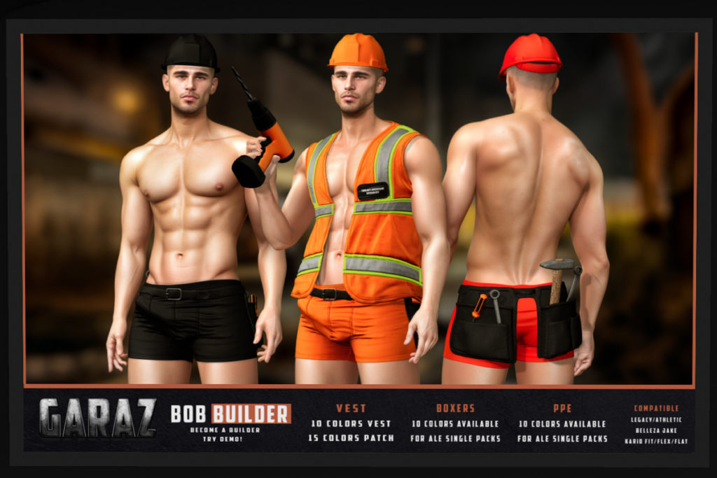 Bob Builder Vest, Boxers, &amp; PPE - Jake/Kario/Legacy/+mods, L$210-L$280 each/L$980-L$1600 each FP/L$3000 MP