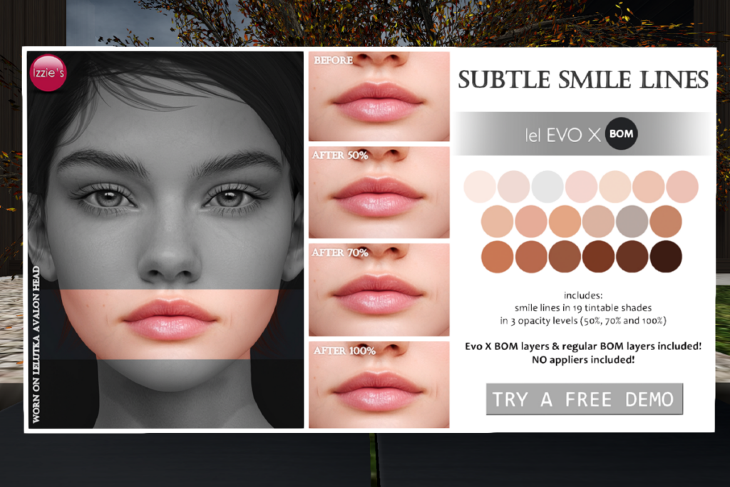 Subtle Smile Lines - EvoX	&lt;a href=&quot;http://maps.secondlife.com/secondlife/Izzies/96/119/31&quot; target=&quot;_blank&quot;&gt;Teleport&lt;/a&gt;