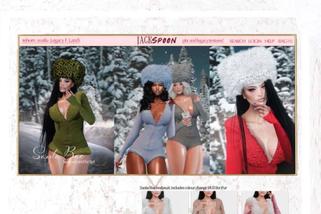 Santa Bae Bodysuit - Legacy/MaitreyaX/Reborn/+mods, L$249 each/L$999 FP  | Fur Hat, L$199 each
