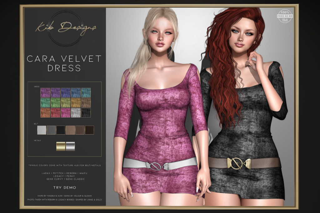 Cara Velvet Dress - GenX/Legacy/MaitreyaX/Reborn/+mods, L$99 each/L$899 FP