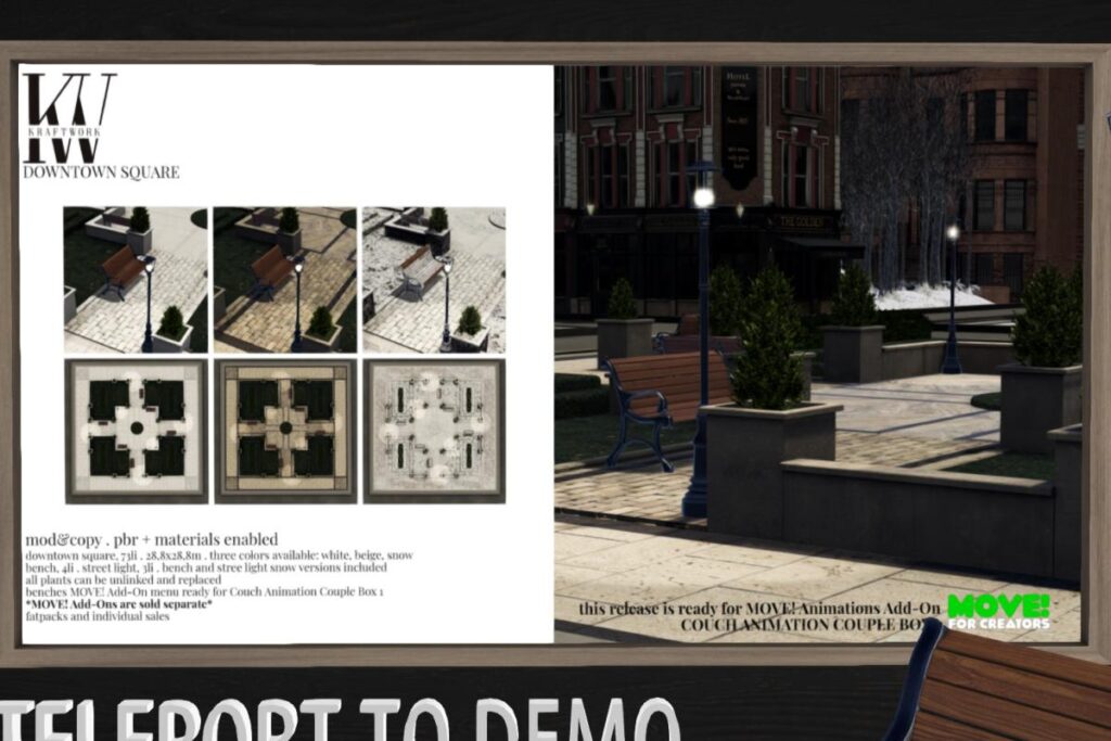 Downtown Square, L$599 each | Downtown Square Benches, L$299