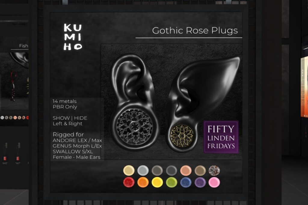 Gothic Rose Plug Earrings - Genus Morph L+Extreme/Lex Max/Swallow Gauged S+XL M+F	&lt;a href=&quot;http://maps.secondlife.com/secondlife/BASED/132/85/2002&quot; target=&quot;_blank&quot;&gt;Teleport&lt;/a&gt;