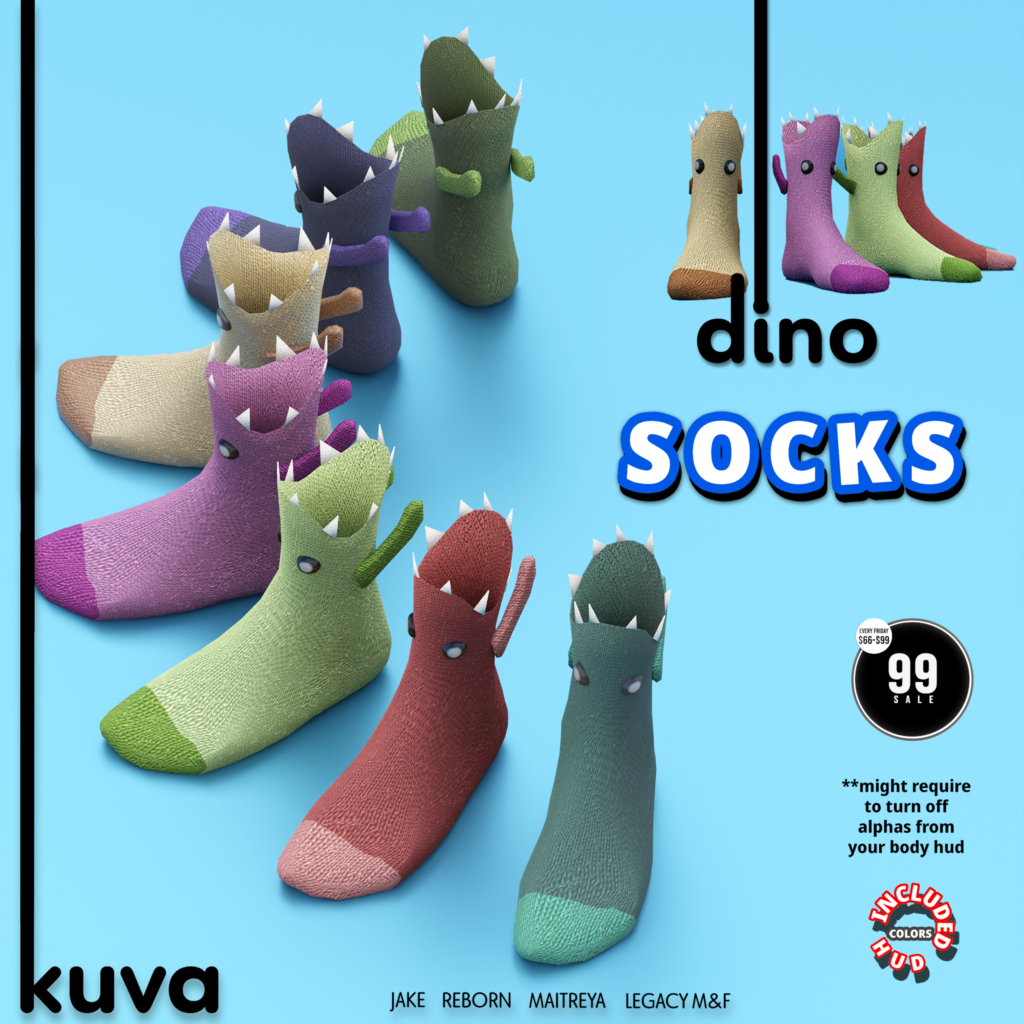 Dino Socks - Jake/Legacy F+M/Maitreya/Reborn	&lt;a href=&quot;http://maps.secondlife.com/secondlife/Sky%20Ocean/127/108/618&quot; target=&quot;_blank&quot;&gt;Teleport&lt;/a&gt;