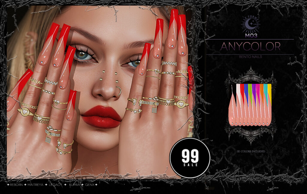 M03 Anycolor Nails - GenX/Inithium/Legacy/Maitreya/Reborn	&lt;a href=&quot;http://maps.secondlife.com/secondlife/Flamingo%20District/208/76/2203&quot; target=&quot;_blank&quot;&gt;Teleport&lt;/a&gt;