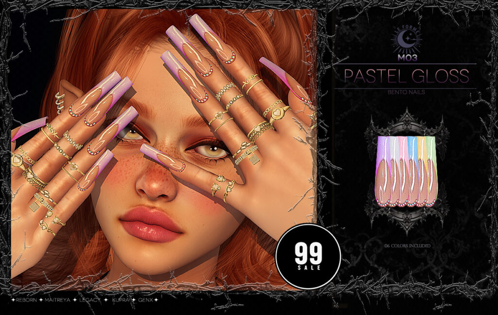 M03 Pastel Gloss Nails - GenX/Inithium/Legacy/Maitreya/Reborn	<a href="http://maps.secondlife.com/secondlife/Flamingo%20District/208/76/2203" target="_blank">Teleport</a>