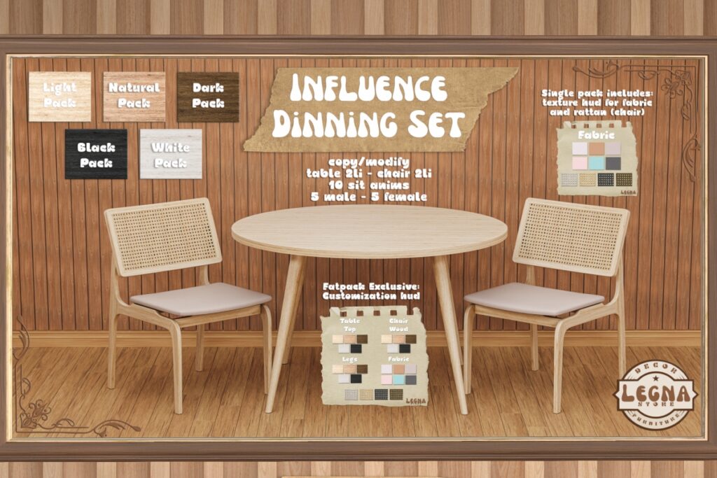 Influence Dining Decor Set, L$249 each/L$999 FP