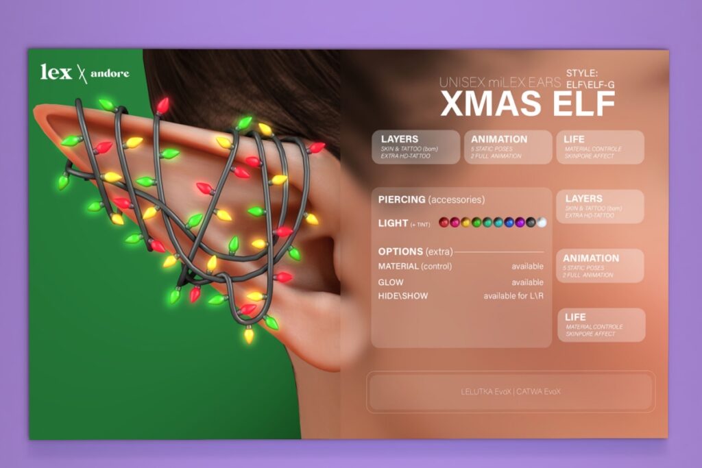 Xmas Elf Earrings - Lex miLex	&lt;a href=&quot;http://maps.secondlife.com/secondlife/Clair%20Obscur/153/184/30&quot; target=&quot;_blank&quot;&gt;Teleport&lt;/a&gt;