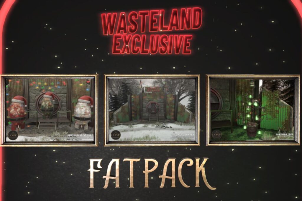 Jolly Old Santa Nuke, L$275 | Jingle Bells Bunker, L$500 | Nukemas Tree, L$325 | Fatpack, L$1000