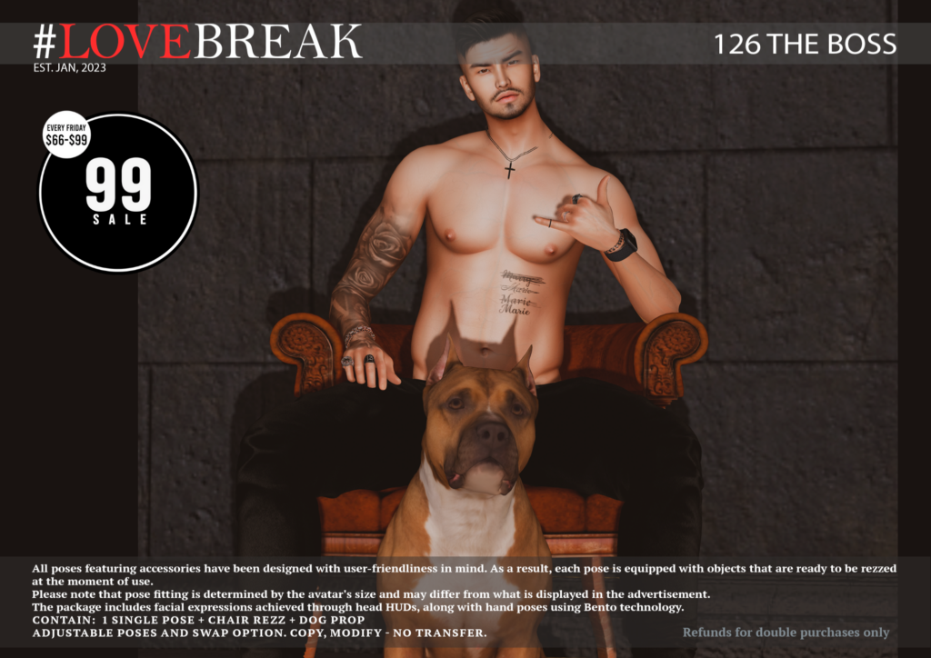 126 The Boss Pose with Props	&lt;a href=&quot;http://maps.secondlife.com/secondlife/Bloom%20Light/51/192/41&quot; target=&quot;_blank&quot;&gt;Teleport&lt;/a&gt;