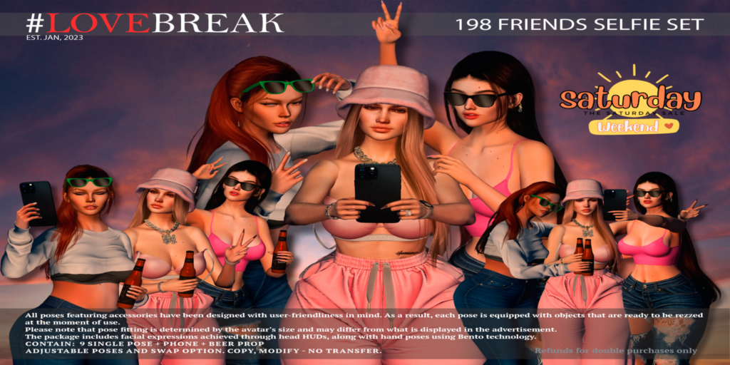 Friends Selfie Group Poses &amp; Props	&lt;a href=&quot;http://maps.secondlife.com/secondlife/Bloom%20Light/49/232/36&quot; target=&quot;_blank&quot;&gt;Teleport&lt;/a&gt;