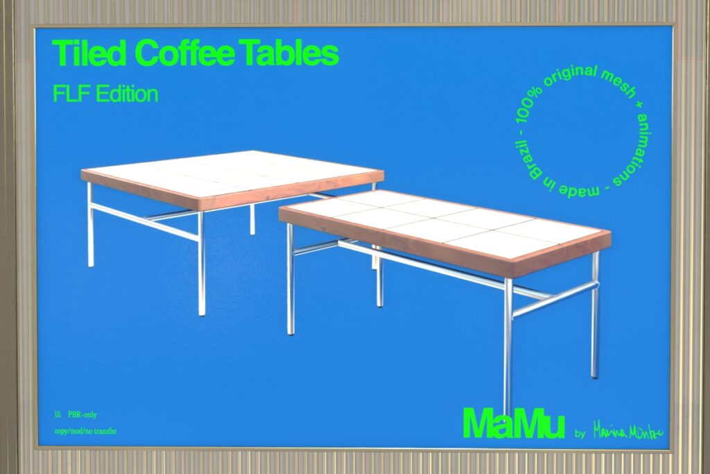 Tiled Coffee Tables	&lt;a href=&quot;http://maps.secondlife.com/secondlife/Preferred%20Isle/194/206/2981&quot; target=&quot;_blank&quot;&gt;Teleport&lt;/a&gt;