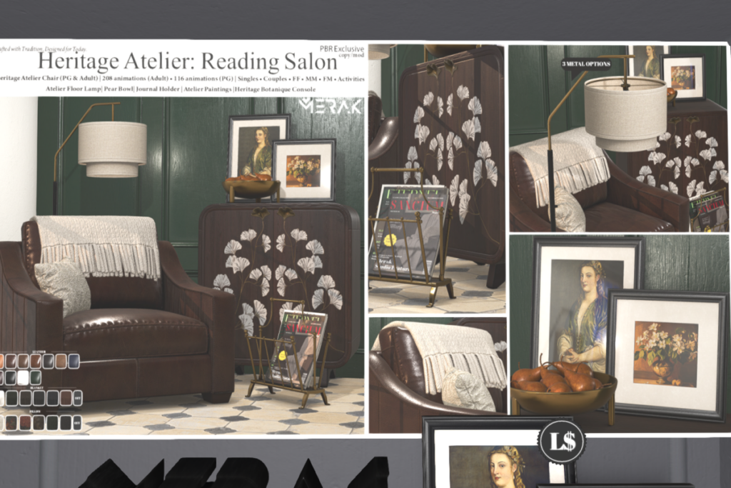Heritage Atelier Reading Salon, L$149-L$999 each