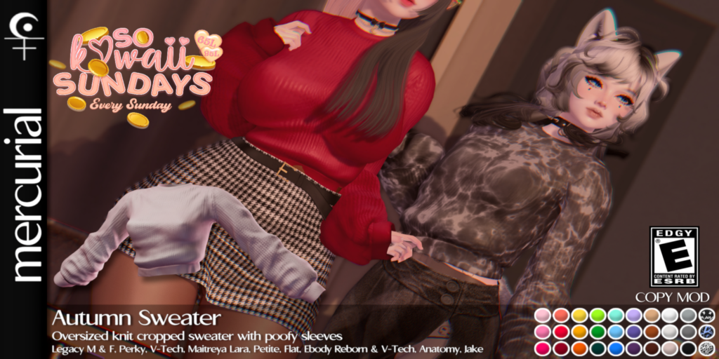 Autumn Sweater - Anatomy/Jake/Legacy M+F/Maitreya/Reborn/+mods	&lt;a href=&quot;http://maps.secondlife.com/secondlife/Embrace%20the%20Ocean/111/171/1096&quot; target=&quot;_blank&quot;&gt;Teleport&lt;/a&gt;