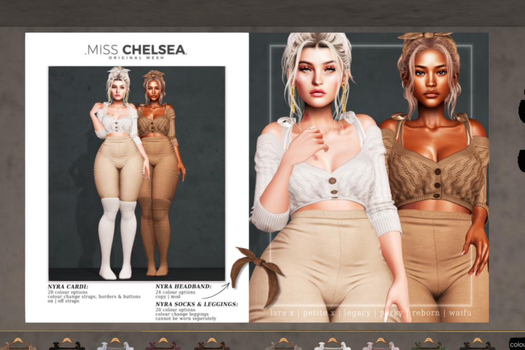 Nyra Cardi, Socks, &amp; Leggings - Legacy/MaitreyaX/Reborn/+mods, L$250 each/L$500 each color pack/L$1499 each FP/L$2249 MP
