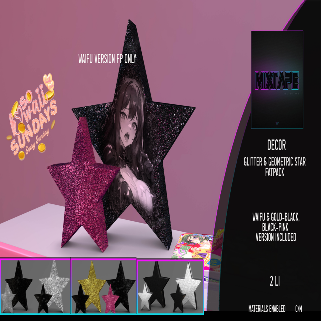 Glitter &amp; Geometric Star Decor	&lt;a href=&quot;http://maps.secondlife.com/secondlife/Lovely%20Day/14/190/25&quot; target=&quot;_blank&quot;&gt;Teleport&lt;/a&gt;