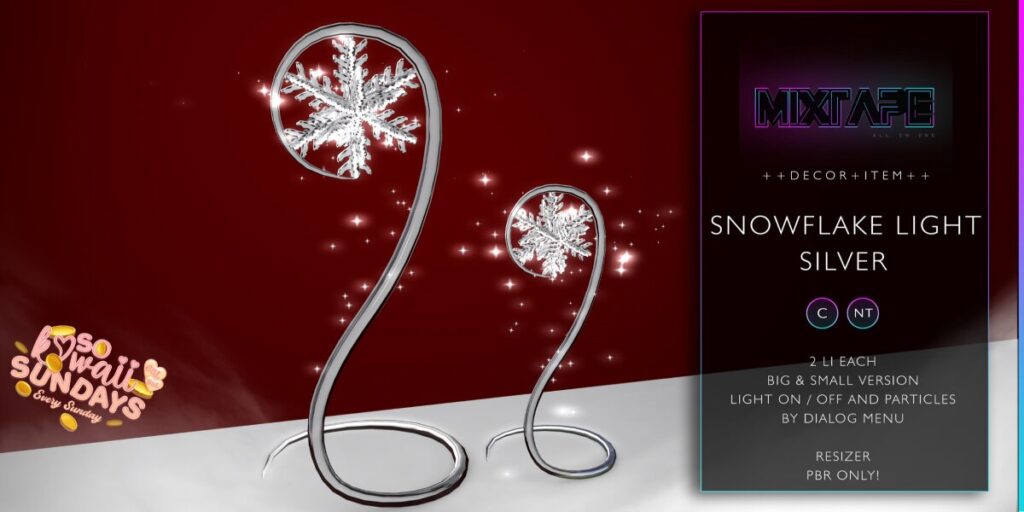 Snowflake Light	&lt;a href=&quot;http://maps.secondlife.com/secondlife/Lovely%20Day/82/141/44&quot; target=&quot;_blank&quot;&gt;Teleport&lt;/a&gt;
