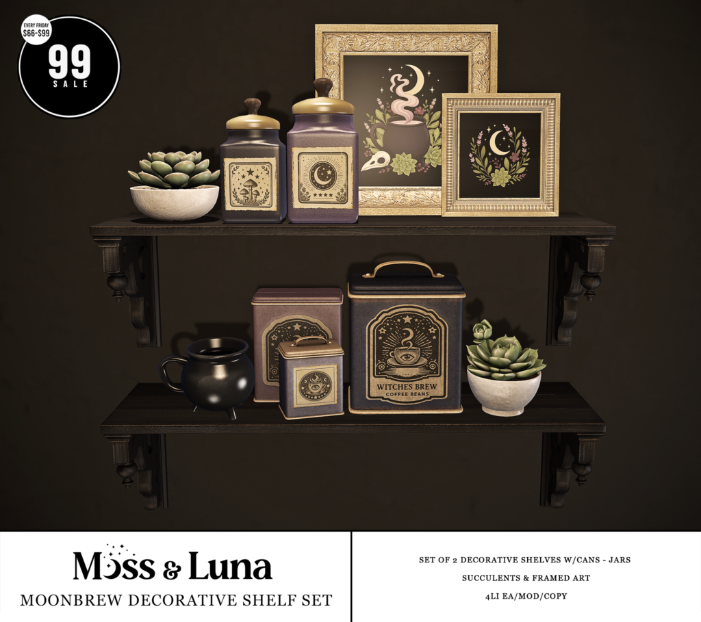 Moonbrew Decorative Shelf Set	&lt;a href=&quot;http://maps.secondlife.com/secondlife/Desolate/123/57/23&quot; target=&quot;_blank&quot;&gt;Teleport&lt;/a&gt;