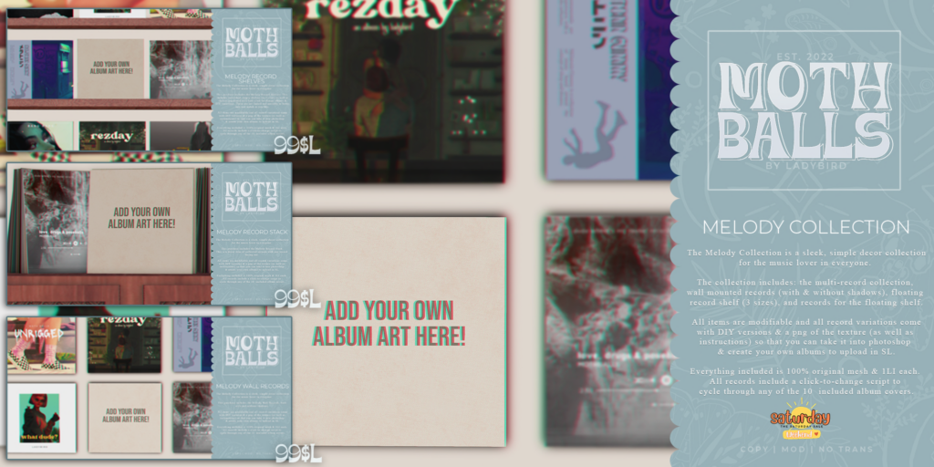 Melody Collection Decor Set	&lt;a href=&quot;http://maps.secondlife.com/secondlife/Applesauce/218/25/990&quot; target=&quot;_blank&quot;&gt;Teleport&lt;/a&gt;