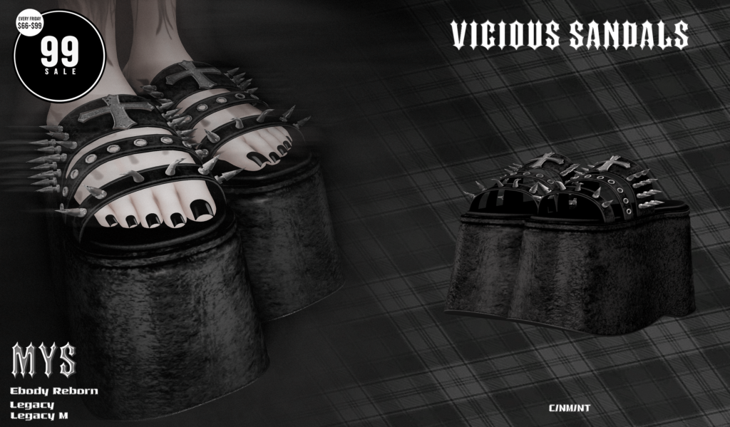 Vicious Sandals - Legacy F+M/Reborn	<a href="http://maps.secondlife.com/secondlife/Phoenix%20Paradise/74/94/1580" target="_blank">Teleport</a>
