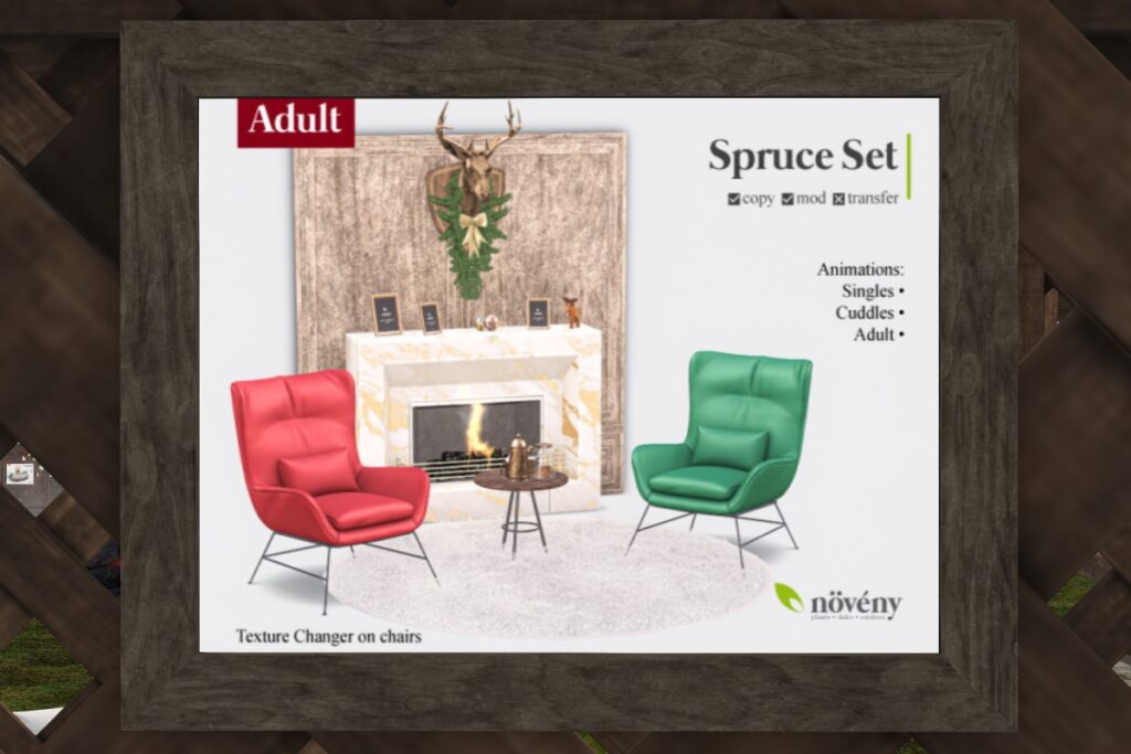Spruce Decor Set	&lt;a href=&quot;http://maps.secondlife.com/secondlife/BigBang/128/192/1501&quot; target=&quot;_blank&quot;&gt;Teleport&lt;/a&gt;