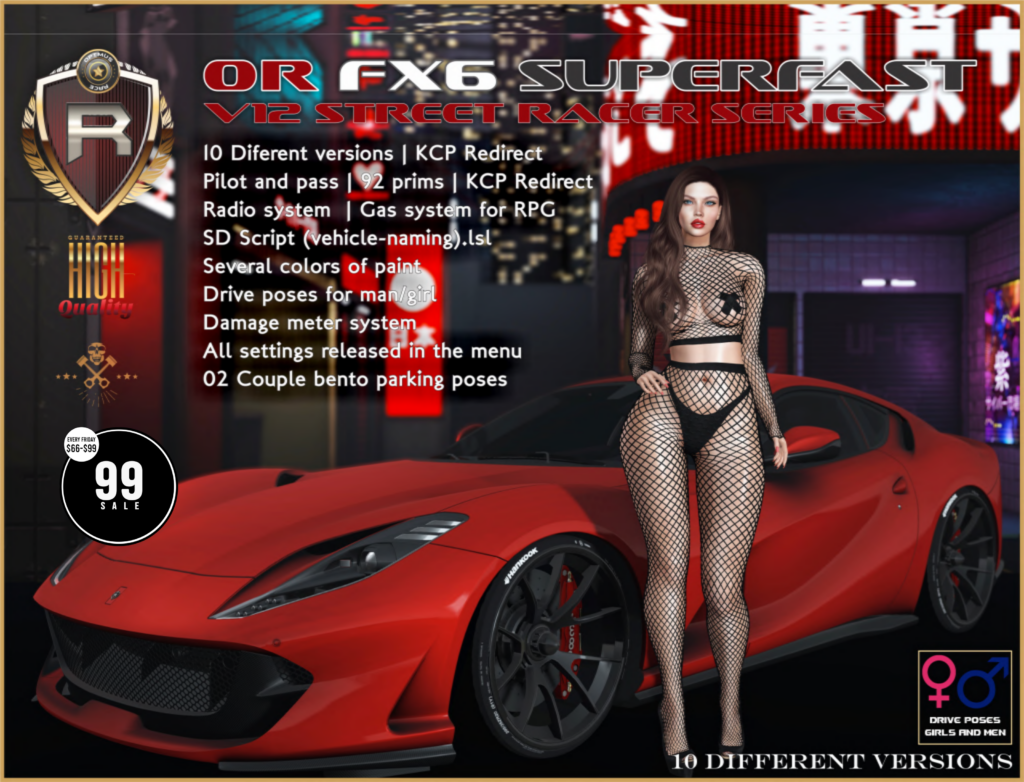 FX6 Superfast V12 Street Racer Vehicle	&lt;a href=&quot;http://maps.secondlife.com/secondlife/Rox%20Anar/108/109/4024&quot; target=&quot;_blank&quot;&gt;Teleport&lt;/a&gt;
