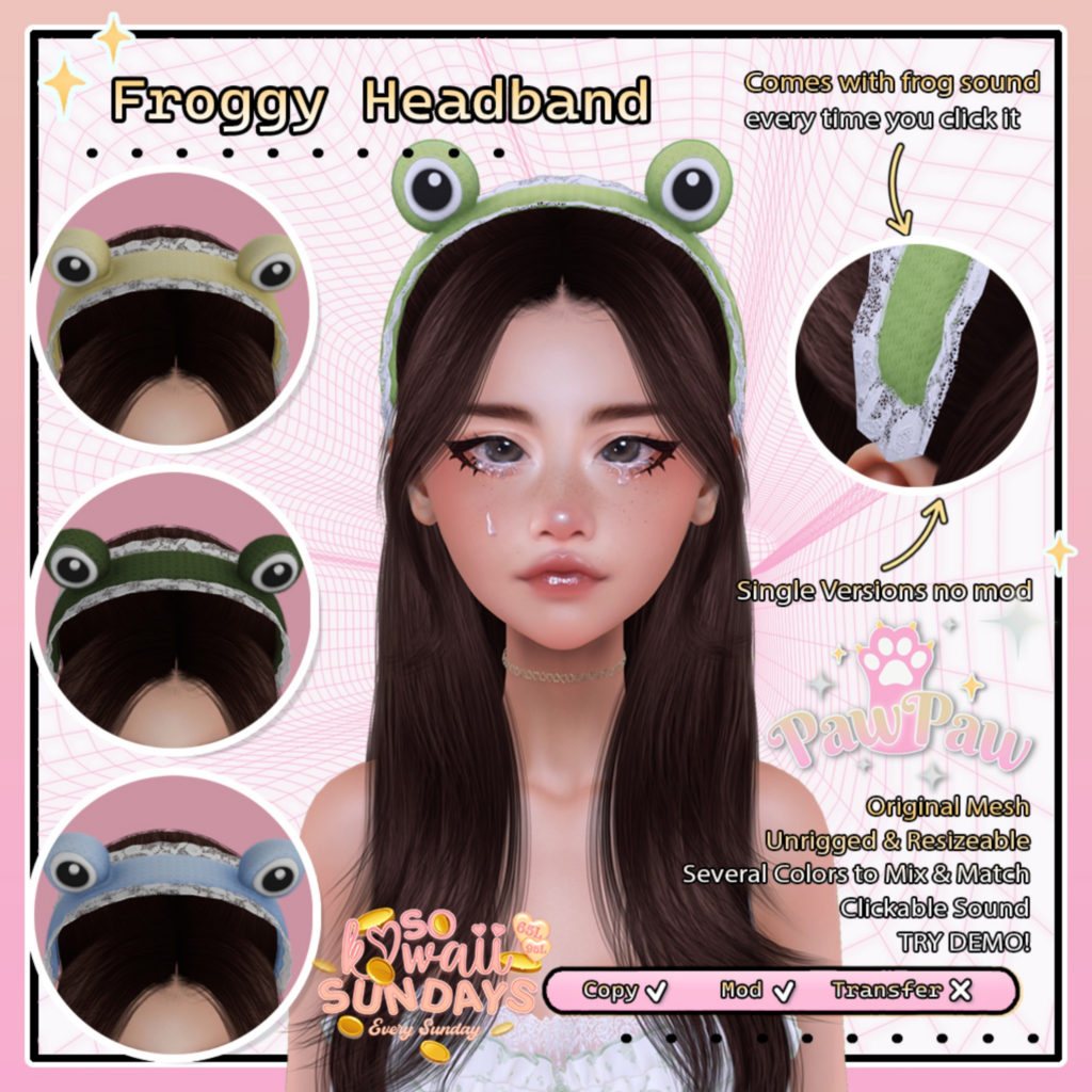 Froggy Headband	&lt;a href=&quot;http://maps.secondlife.com/secondlife/Cayman/170/89/2167&quot; target=&quot;_blank&quot;&gt;Teleport&lt;/a&gt;