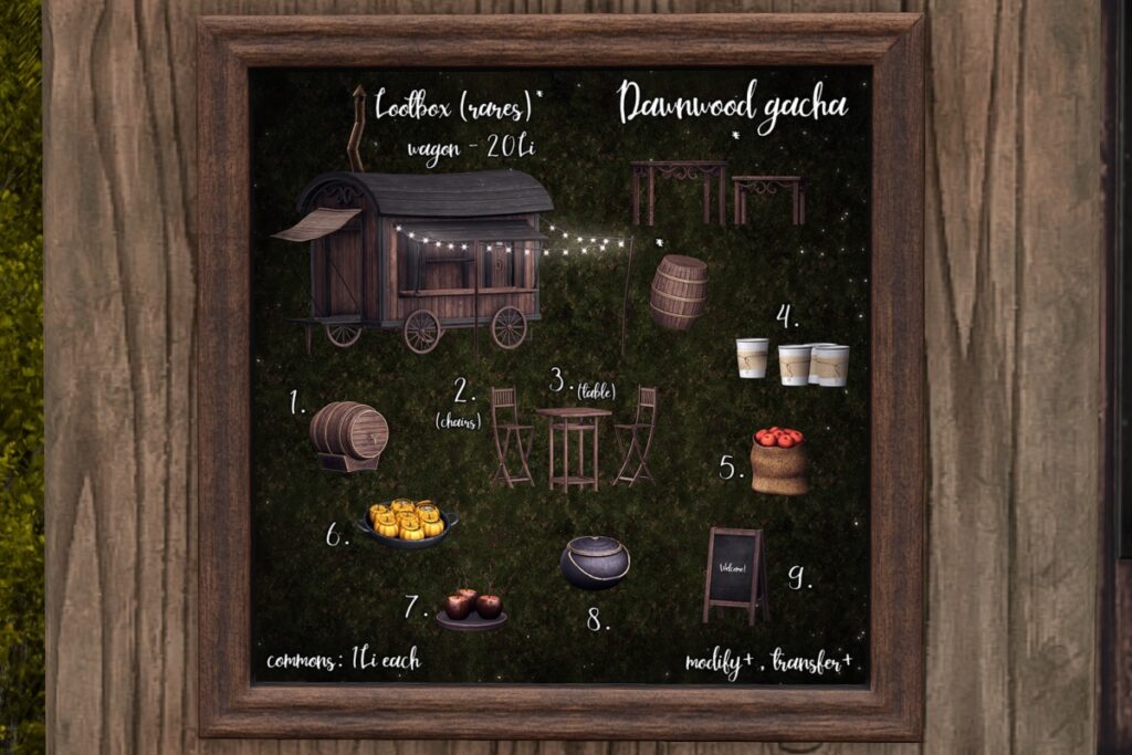 Dawnwood Decor Set	&lt;a href=&quot;http://maps.secondlife.com/secondlife/Hazel%20Woods/128/128/2&quot; target=&quot;_blank&quot;&gt;Teleport&lt;/a&gt;