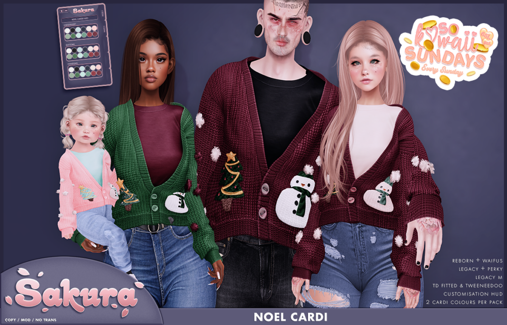 Noel Cardi Sweater - Legacy M+F/Reborn/TD Fitted/Tweeneedoo/+mods	&lt;a href=&quot;https://maps.secondlife.com/secondlife/Domain/122/106/26&quot; target=&quot;_blank&quot;&gt;Teleport&lt;/a&gt;