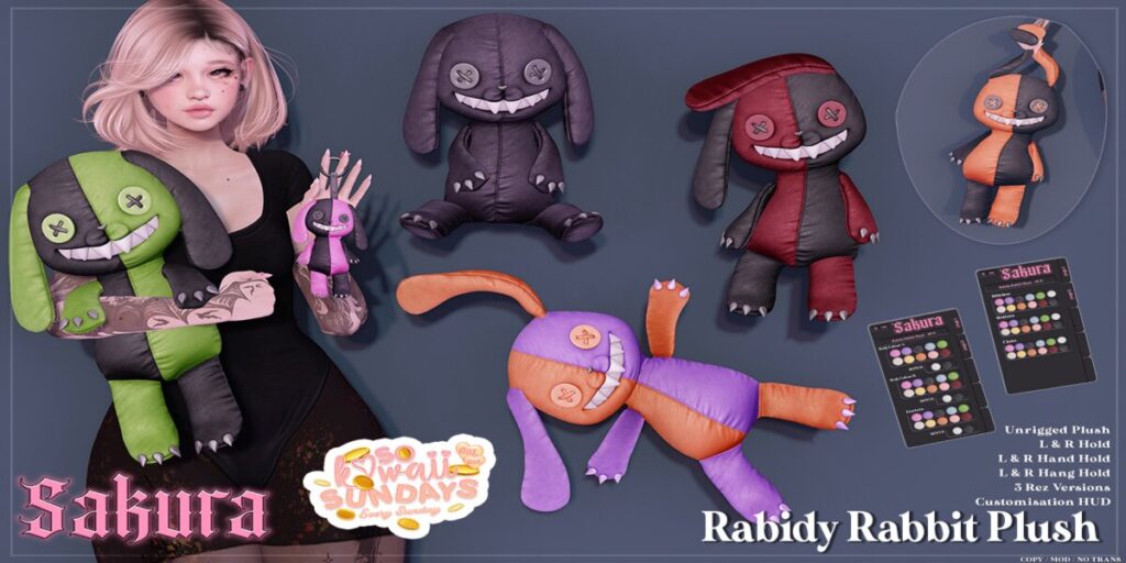 Rabidy Rabbit Plush Holdable &amp; Decor	&lt;a href=&quot;http://maps.secondlife.com/secondlife/Domain/122/106/26&quot; target=&quot;_blank&quot;&gt;Teleport&lt;/a&gt;
