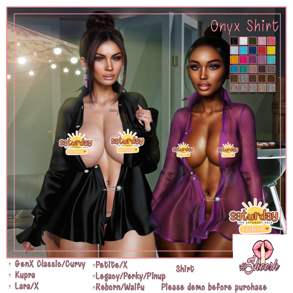 Onyx Shirt - GenX/Inithium/Legacy/Maitreya/Reborn/+mods	&lt;a href=&quot;http://maps.secondlife.com/secondlife/Wild%20Pack/161/168/23&quot; target=&quot;_blank&quot;&gt;Teleport&lt;/a&gt;