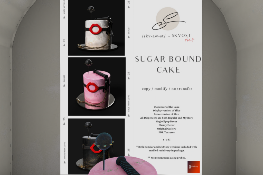 Sugar Bound Cake Decor, L$399 each/L$1199 FP