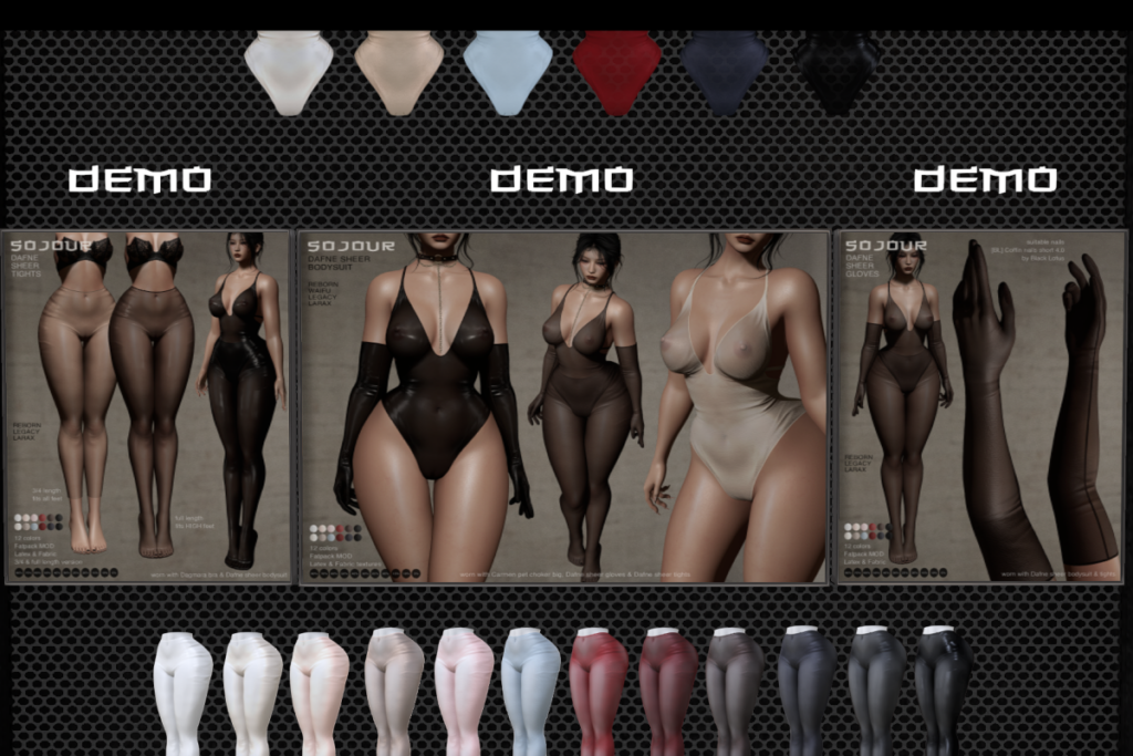 Dafne Sheer Tights - Legacy/MaitreyaX/Reborn, L$249 each/L$1099 FP | Dafne Sheer Bodysuit - Legacy/MaitreyaX/Reborn/+mods, L$299 each/L$1199 FP | Dafne Sheer Gloves - Legacy/MaitreyaX/Reborn, L$249 each/L$1099 FP