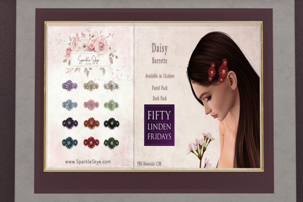 Daisy Barrette	&lt;a href=&quot;http://maps.secondlife.com/secondlife/Sparkle%20Skye/199/66/38&quot; target=&quot;_blank&quot;&gt;Teleport&lt;/a&gt;