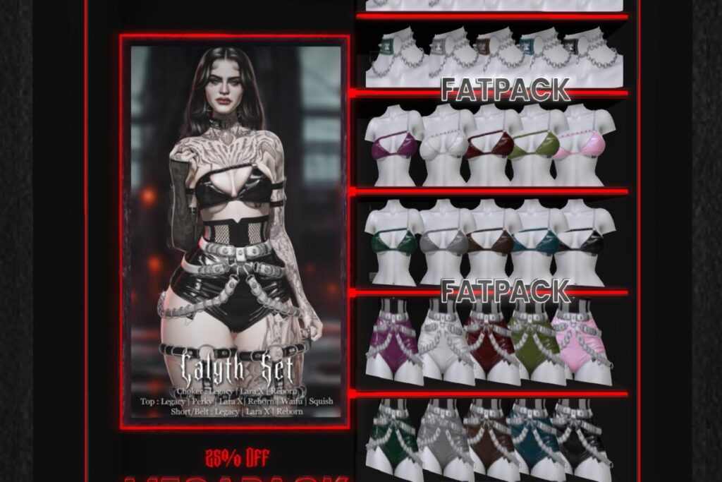 Calyth Top, Shorts, Harness and Choker - Legacy/MaitreyaX/Reborn/+mods, L$300 each/L$1999-L$2999 each FP/L$7497 MP
