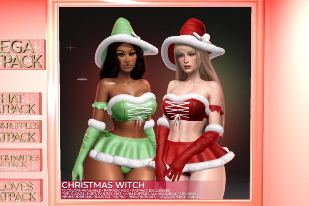 Christmas Witch Top &amp; Ruffles, Skirt &amp; Panties, Gloves and Hat - Inithium/Legacy/MaitreyaX/Nhumana/Reborn/+mods, L$199-L$299 each/L$899-L$1099 each FP/L$2499 MP