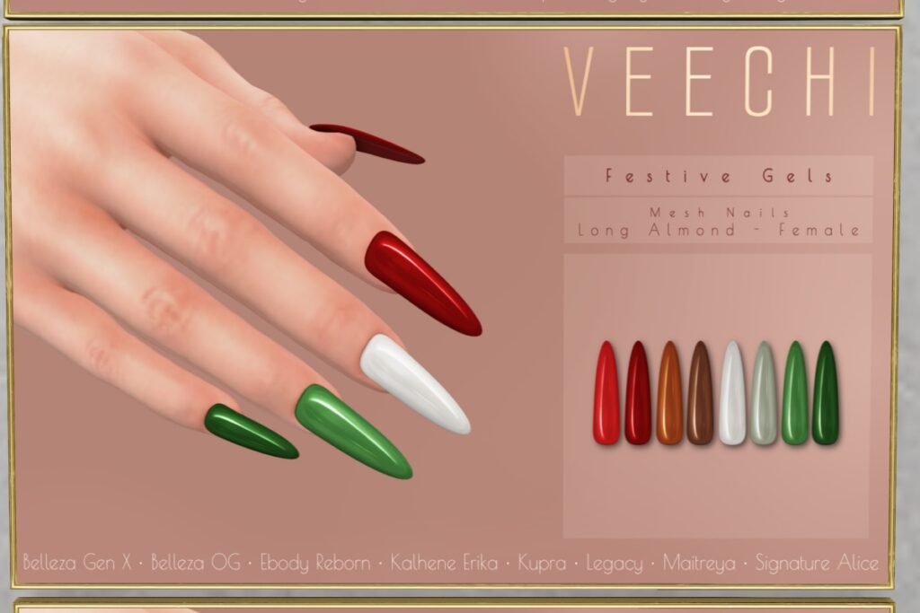 Festive Gels Mesh Nails - see ad for fits	&lt;a href=&quot;http://maps.secondlife.com/secondlife/floorplan/202/148/28&quot; target=&quot;_blank&quot;&gt;Teleport&lt;/a&gt;