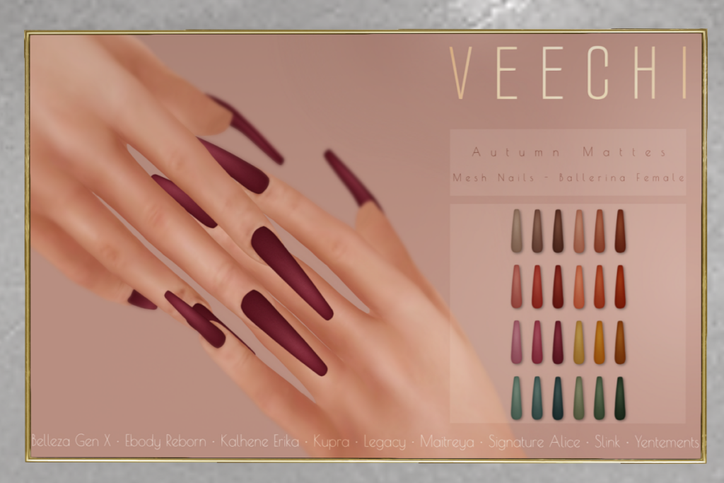 utumn Mattes Mesh Nails // Ballerina  - See ad for fits	&lt;a href=&quot;http://maps.secondlife.com/secondlife/Impulse/75/77/22&quot; target=&quot;_blank&quot;&gt;Teleport&lt;/a&gt;