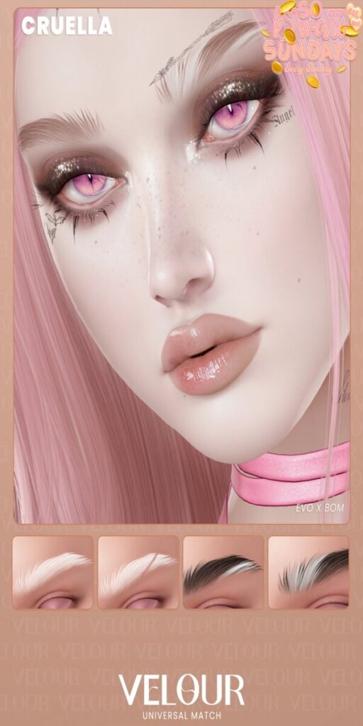 Cruella Eyebrows - EvoX	&lt;a href=&quot;http://maps.secondlife.com/secondlife/VELOUR/93/115/83&quot; target=&quot;_blank&quot;&gt;Teleport&lt;/a&gt;