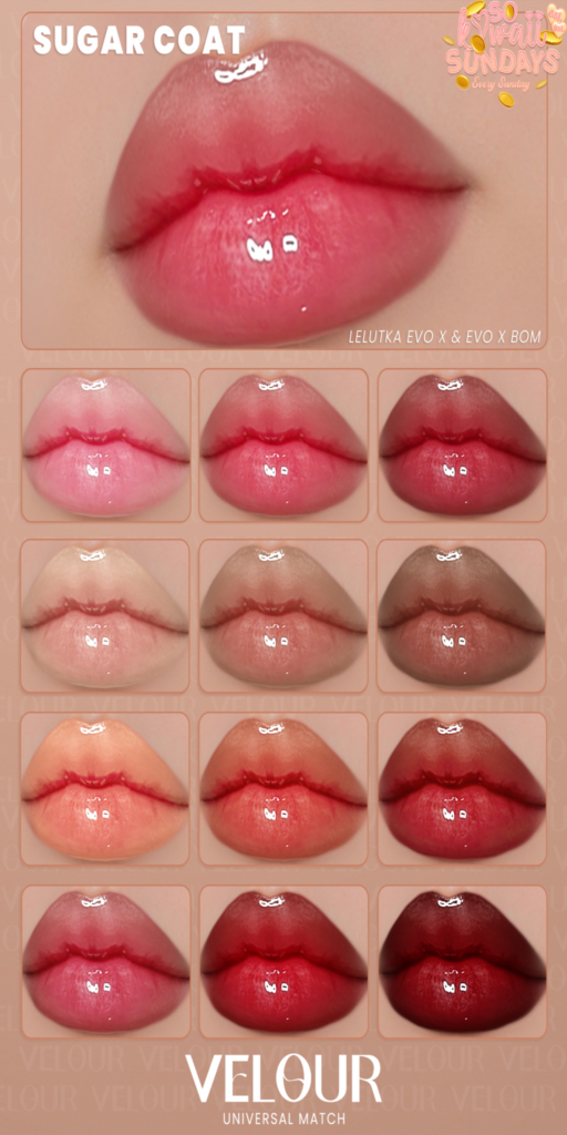 Sugarcoat Lipstick - EvoX	&lt;a href=&quot;http://maps.secondlife.com/secondlife/VELOUR/93/115/83&quot; target=&quot;_blank&quot;&gt;Teleport&lt;/a&gt;