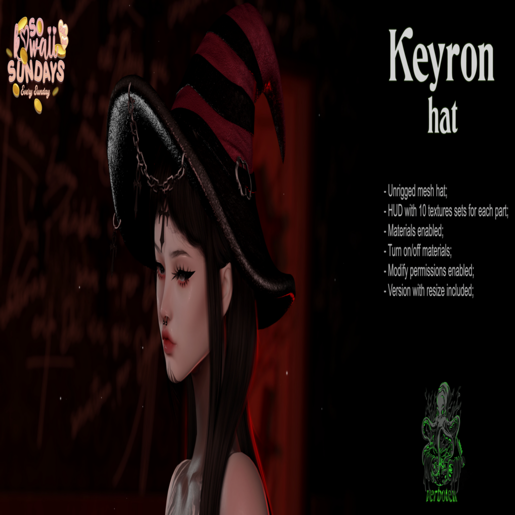 Keyron Hat	&lt;a href=&quot;http://maps.secondlife.com/secondlife/Tomoeda/65/187/28&quot; target=&quot;_blank&quot;&gt;Teleport&lt;/a&gt;
