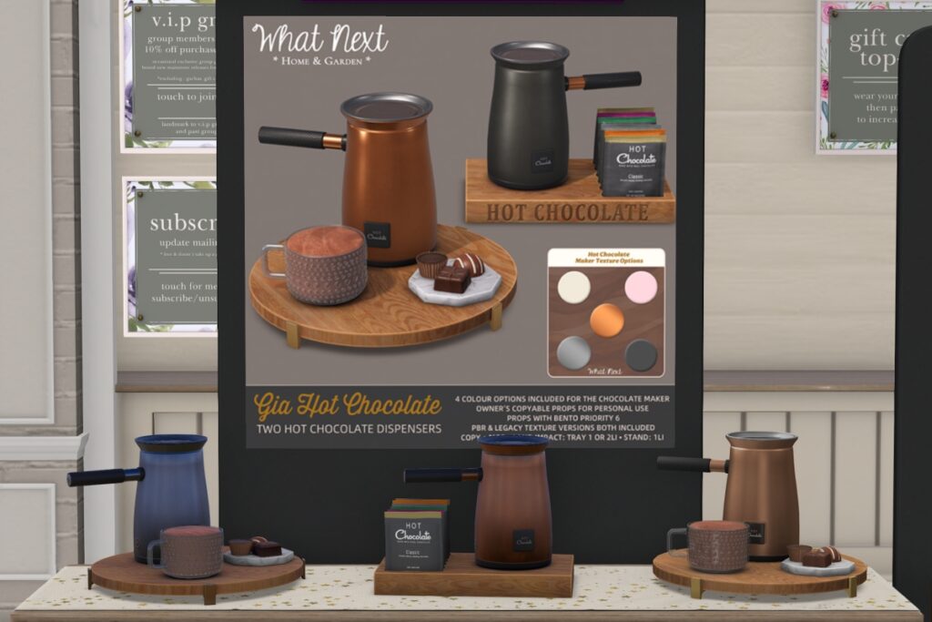 Gia Hot Chocolate Dispenser	&lt;a href=&quot;http://maps.secondlife.com/secondlife/Hodgepodge/113/97/31&quot; target=&quot;_blank&quot;&gt;Teleport&lt;/a&gt;
