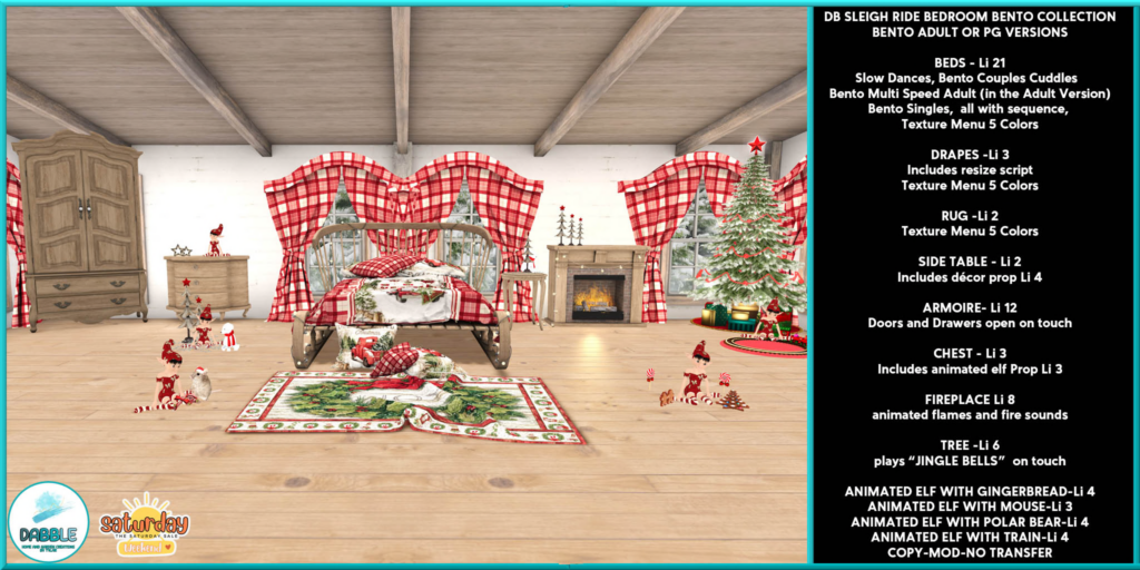 Sleigh Ride Bedroom Collection	&lt;a href=&quot;http://maps.secondlife.com/secondlife/Casvian%20Caye/164/74/22&quot; target=&quot;_blank&quot;&gt;Teleport&lt;/a&gt;