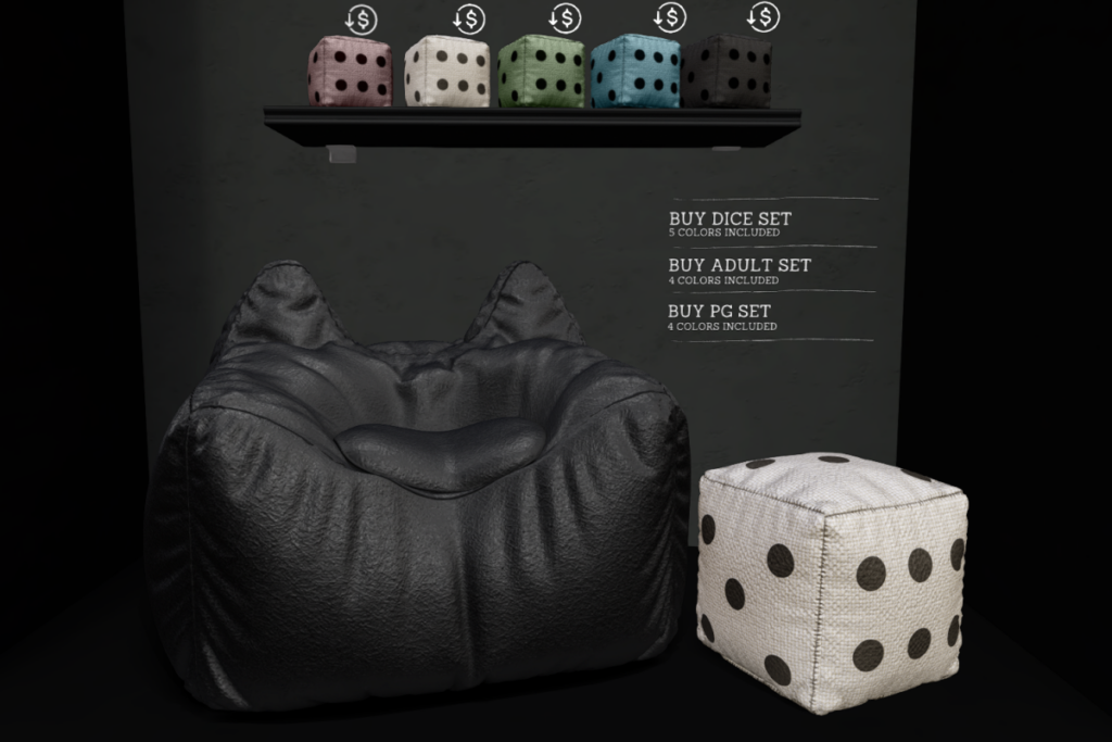 Cat BeanBag &amp; Dice Pouf, L$249-L$599 each