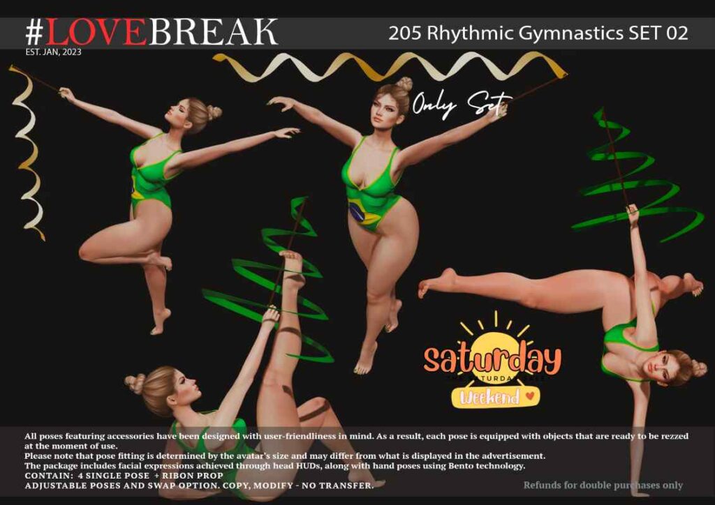 205 Rhythmic Gymnastics Set 02 Poses	&lt;a href=&quot;http://maps.secondlife.com/secondlife/Bloom%20Light/44/251/37&quot; target=&quot;_blank&quot;&gt;Teleport&lt;/a&gt;