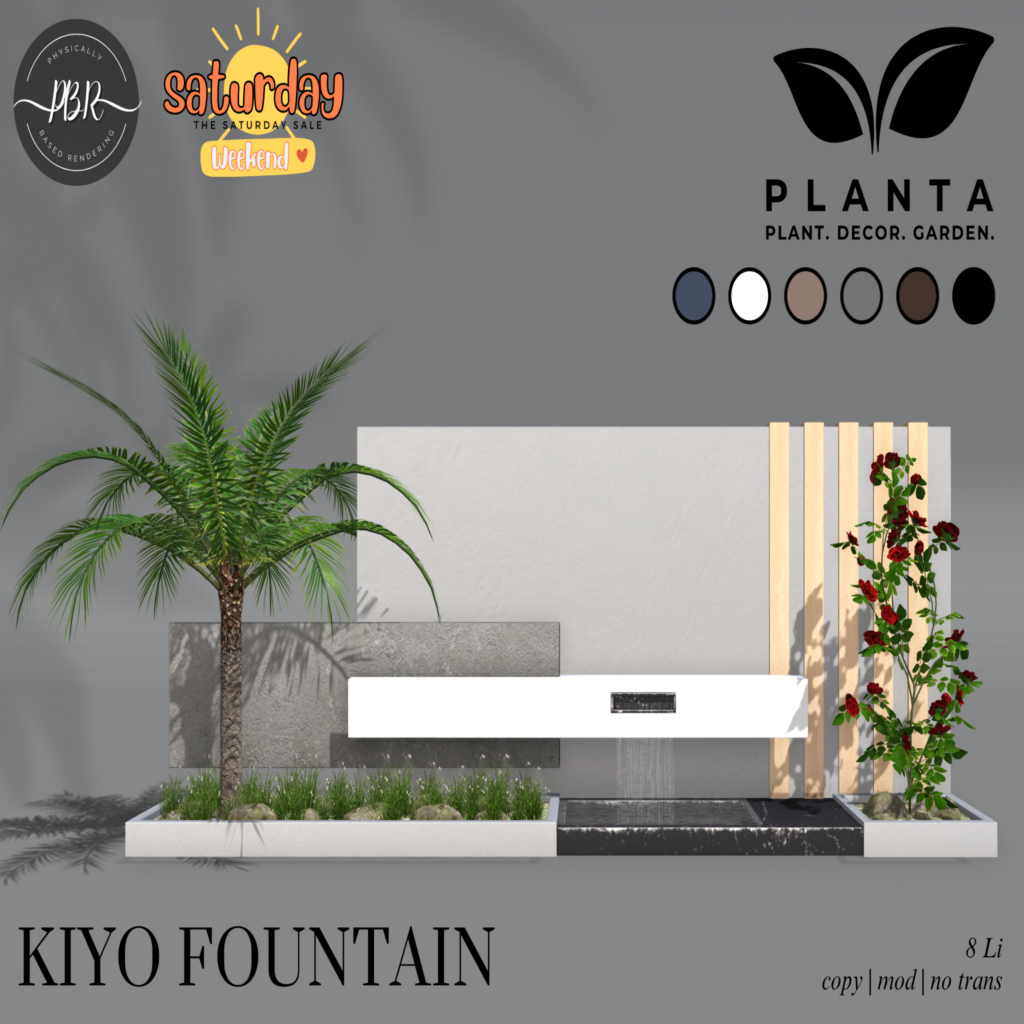 Kiyo Fountain Decor	Neo	&lt;a href=&quot;http://maps.secondlife.com/secondlife/lovers%20islands/199/45/23&quot; target=&quot;_blank&quot;&gt;Teleport&lt;/a&gt;