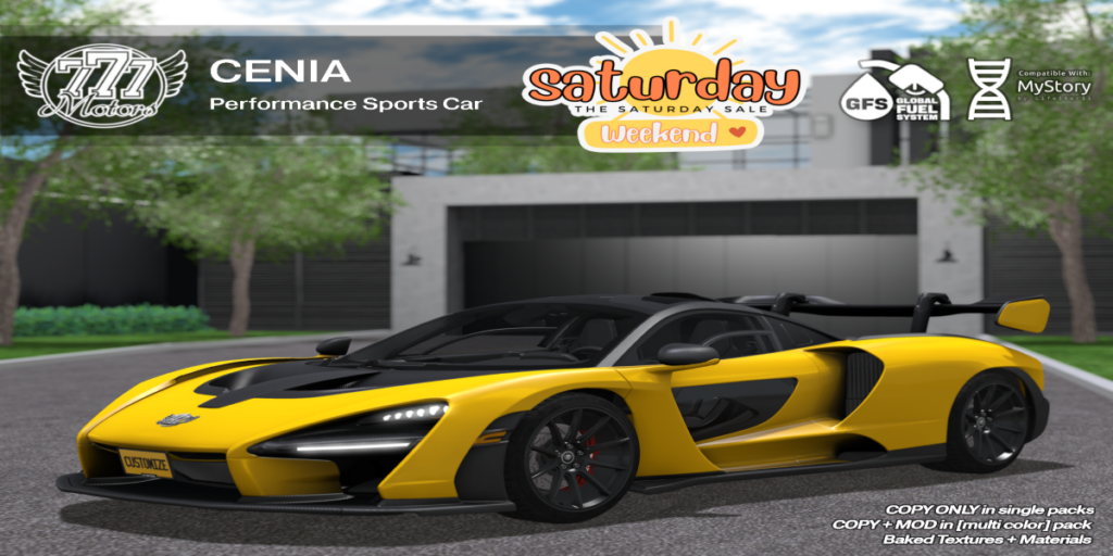 Cenia Performance Sports Car Yellow	&lt;a href=&quot;http://maps.secondlife.com/secondlife/Highway%20Star/144/134/23&quot; target=&quot;_blank&quot;&gt;Teleport&lt;/a&gt;